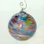 A colorful glass ornament hanging from the ceiling.
